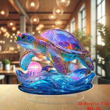 1pc Colorful Sea Turtle & Jellyfish Statue Decor, Ideal Gift For Thanksgiving, New Year, Christmas, Suitable For Desk, Windowsill, Outdoor Use, Multipurpose Home Decor, Birthday, Graduation Gift, 2D Flat 0.3cm Thickness