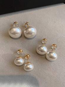 3 Pairs Retro Minimalist Elegant Faux Pearl Stud Earrings Set, Chic Lightweight Earrings Suitable For Women's Daily And Holiday Wear - Milky White - View 2