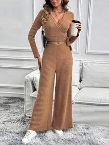 Fashion Women's Autumn And Winter Long Sleeved Set With Solid Color Texture, Basic And Versatwomen's Two Pieces Set