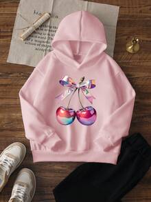 1 件女童休闲樱桃印花连帽运动衫，秋冬学生新款外套，长袖羊毛厚套头衫 - 粉色 - 查看 3