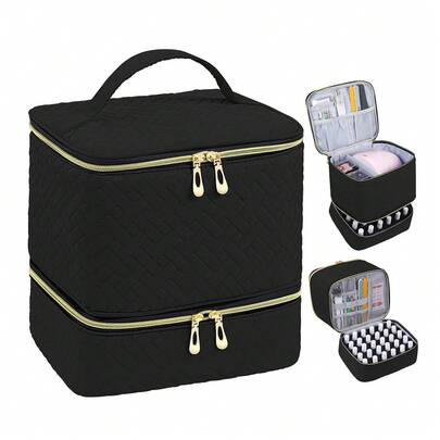 Corduroy Nail Polish Organizer And Nail Lamp Case, Nail Kit Organizer Holds 30 Bottles (15ml - 0.5 Fl.Oz), Nail Polish Carrying Case With Manicure Tools Storage Sections