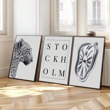 1/3pcs Unframed Black White Stockholm Cheetah Melting Clock Preppy Stylish Poster Leopard Y2K Wall Art Canvas Print Minimalist Fashion Girly Room Chic Aesthetic Decor Funky Painting For Apartment,Living Room,Bedroom,Modern Home Decoration