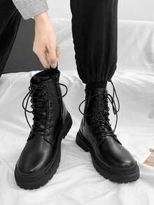 男士黑色休闲摩托车皮靴，系带设计，防滑，增高，适合秋季、青少年及年轻成人穿着，休闲百搭，四季皆宜 - 多色 - 查看 8