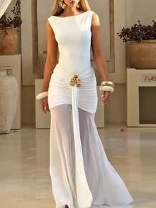 女士性感优雅纯色长裙，露背设计，金属搭扣点缀，褶皱镂空和鱼尾裙摆——完美适用于正式晚宴、婚礼招待会和鸡尾酒会，白色夏日 - 白色 - 查看 8