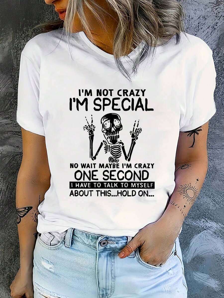 Camiseta con gráfico de esqueleto humorístico "No estoy loca" para mujer - Lavable a máquina - Camiseta informal de cuello redondo para primavera, verano y otoño, blanca con estampado negro. Camisetas para mujer, ropa de verano, camiseta holgada, material cómodo.