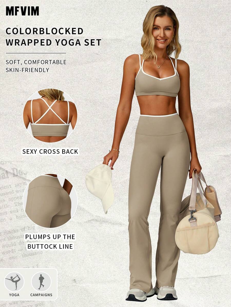 MFVIM Women's Linen Contrast Color Bra And Yoga Pants Set - White Trim Cute Backless | Tight And Breathable, Suitable For Yoga, Fitness And Outdoor Sports