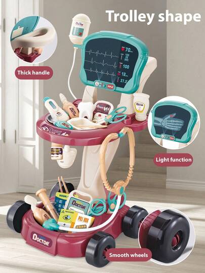 1pc Kids Doctor Playset, Medical Station Pretend Play Set For Boys And Girls, 29 Accessories With Lighted Mobile Cart, Eye Chart, Thermometer, Stethoscope, Pulse Oximeter, Great Gift For Toddlers