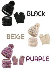4 件套儿童针织绒球冬帽、围巾和手套套装，女童男童幼儿保暖针织连帽围脖套装 - 彩色 - 查看 5