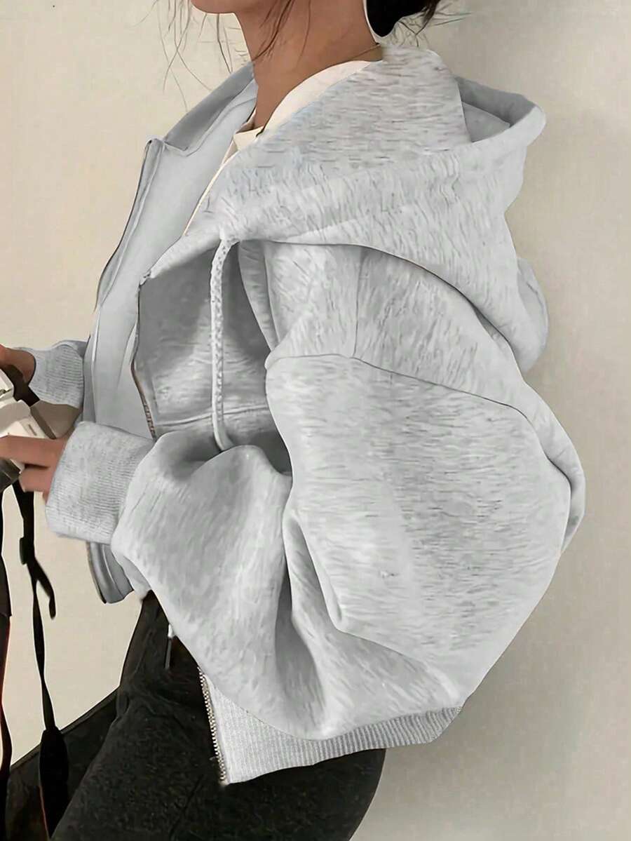 Fashionable Short Zip-Up Fitted Hoodie Jacket, Solid Color - Grey - View 1