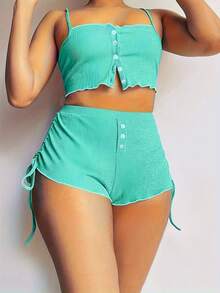 2-Piece Set Of Sexy Home Clothes With Simple Solid Color Printing, Adjustable Button Splicing, Camisole Vest+Fake Button Splicing, Double-Sided Drawstring, And Pleated Home Casual Shorts.The Fabric Feels Comfortable And Skin Friendly - màu xanh hồ - Xem 4