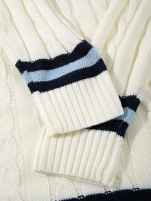 ANDREILEE 复古宽松休闲街头风男女通用毛衣，纹理条纹撞色V领插肩长袖针织套头衫，适合春、秋、冬三季穿着。 - 白色 - 查看 8