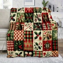 1pc Traditional Christmas Patchwork Print Flannel Blanket - Classic Red & Green Pattern Soft & Cozy Throw Blanket, All Season Use, Tear-Resistant, Machine Washable, Digital Printing, Suitable For Living Room Sofa, Bedroom, Holiday Home Decor, Lightweight & Portable For Travel - Multicolor - View 4