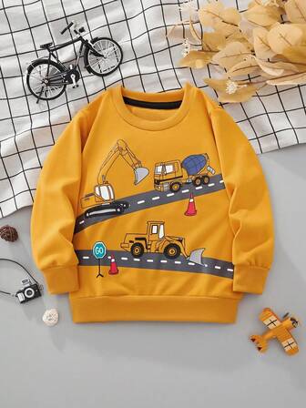 1ชิ้น เสื้อสเวตเตอร์แขนยาวพิมพ์ลายรถขุดสำหรับเด็ก ดีไซน์ทันสมัยสำหรับฤดูใบไม้ร่วง/ฤดูหนาว