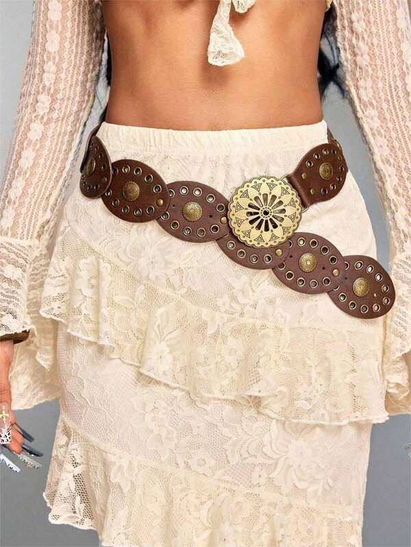 1 pièce Ceinture de taille style cowgirl bohème grande taille XXL avec découpes et rivets, ceinture de cowgirl, ceinture pour femmes, ceinture épaisse, style western, accessoire de mode pour femmes, ceinture de taille rétro ovale, accessoire de robe, convient pour les fêtes, la plage, les festivals de musique