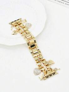 1pc Fashionable Metal Glitter Leather Strap With Double Heart Lock Clasp, Compatible With Apple Watch 38/40/41/42/44/45/46/49mm, Suitable For Apple Watch Ultra/SE/Series 10/9/8/7/6/5/4/3/2/1, Adjustable Length, Convenient Operation, Suitable For Women's Fashionable And Compact Smart Watch Strap (Strap Only, Watch And Case Not Included) - Double Heart Lock Cylinder Gold - View 5