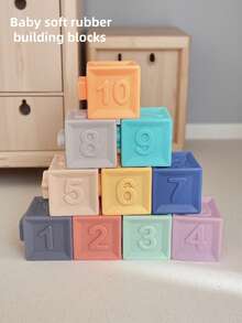 6/10件装软拼图积木，适合婴幼儿 - 数字、形状、颜色、动物 - 可挤压堆叠 - 适合6个月以上、1-3岁儿童，颜色随机