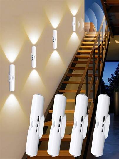 1pc/ Dual Verlichting Head LED Motion Sensor Wand Light, Night Human Detection Dimmable s, Living Room, Bedroom, Hallway Moderne Wit (400mAh)(Button Colours: Distributed At om)