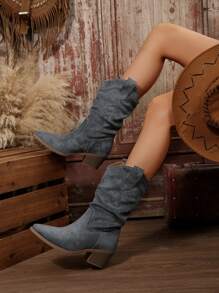 Fall/Winter 2025 Women's Pointed Toe Chunky Heel Western Cowboy Mid-Calf Boots