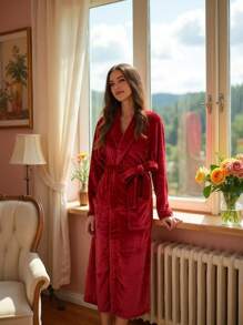 Szlafrok damski polarowy, pluszowy, ciepły, długi, polarowy, koszula nocna, bielizna nocna, puszysty, przytulny, ciepły, lekki szlafrok, szlafrok prysznicowy, długi szlafrok damski, bawełniany kimono, długi, dzianinowy, lekki, miękki, dzianinowy, bielizna nocna, dekolt w serek, swobodny, damski, strój domowy, szlafroki damskie