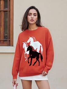 Women Y2k Graphic Sweater Pullover Long Sleeve Crew Neck Oversized Knit Aesthetic Sweatshirt Cute Horse Pattern Preppy Jumper Top - 紅色 - 查看 1