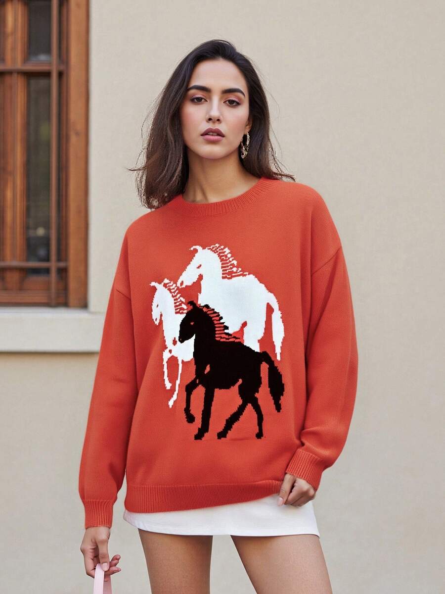 Women Y2k Graphic Sweater Pullover Long Sleeve Crew Neck Oversized Knit Aesthetic Sweatshirt Cute Horse Pattern Preppy Jumper Top - 紅色 - 查看 1