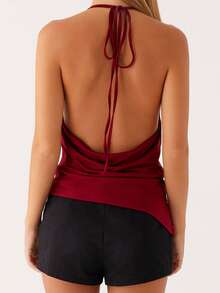 Women's Halter Neck Vest Summer Sleeveless Open Back Deep V Neck Solid Color Tank Tops - Red - View 3