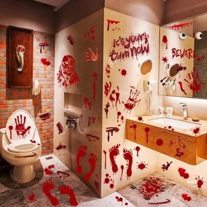 4pcs/Set Halloween Party Horror Bloody Hands Creepy Wall & Floor Stickers & Footprint Window Stickers,Ambiance Props For Party Home Room Indoor/Outdoor Decoration, Sticker Party Decoration