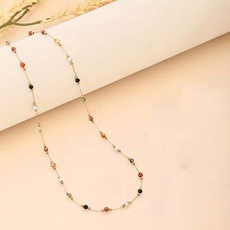 1pc Bohemian Style 18K Gold Plated Stainless Steel Asymmetrical Multi-Color Plastic Beaded Necklace, Suitable For Women's Vacation Wear Or Mother's Day Gift