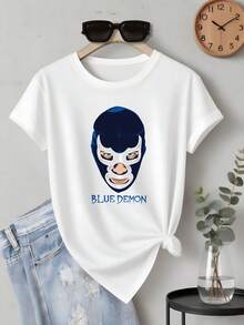 Women's Blue Demon Lucha Libre Tee | Iconic Wrestler Graphic | 100% Pure Cotton | Soft & Comfortable | Perfect for Casual Wear & Gift Giving | White Crew Neck T-Shirt | Made & Shipped in Mexico | Unisex Design - Blanco - Ver 1