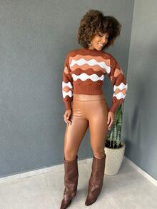 Striped Cropped Top Knitted Modal Office Daily Home Travel - Nâu đất với màu be - Xem 3