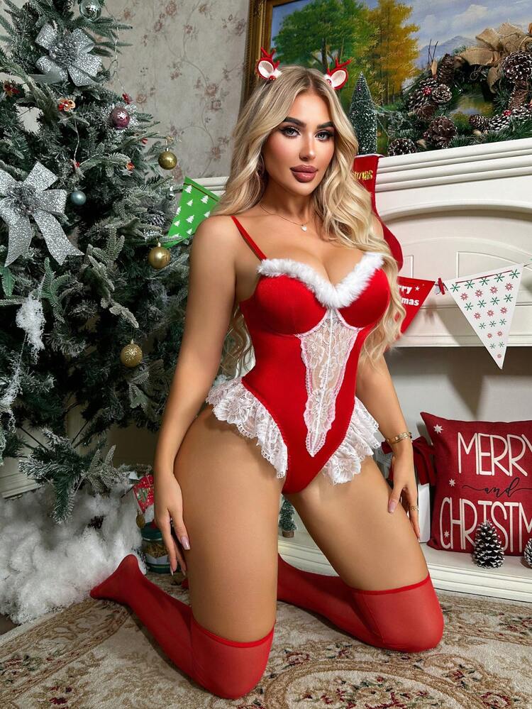 Conjunto de lencería sexy con body de encaje blanco, parches, piel sintética y red, con diadema, para disfraz de Navidad - Rojo - Añade 6