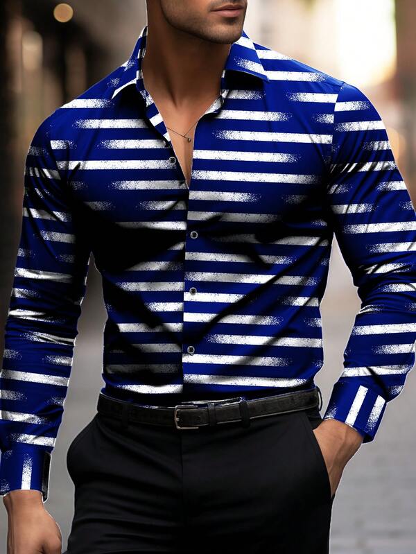 Herren marineblau modisches langärmliges Hemd mit Umlegekragen und Knopfleiste, weiß gestreiftes Design, geeignet für Frühling, Sommer, Herbst, Business-Stil, passend für Büro, Geschäft, Lässig und formelle Anlässe