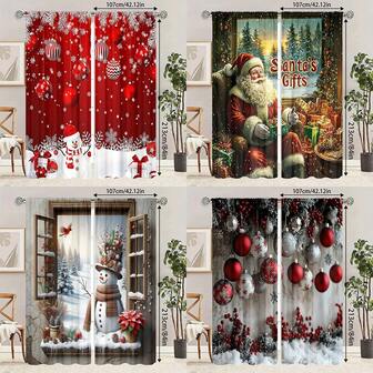 2pcs Christmas Themed Printed Curtains, Santa Claus & Reindeer Pattern, High-Definition Digital Printing, Polyester Material. Semi-Transparent For Privacy Protection, Fade-Resistant, Hand/Machine Washable, Rod Pocket Hanging, Suitable For Bedroom And Living Room Decor, Home Decoration Living Room Curtains Christmas Decorations Christmas Decorations Home