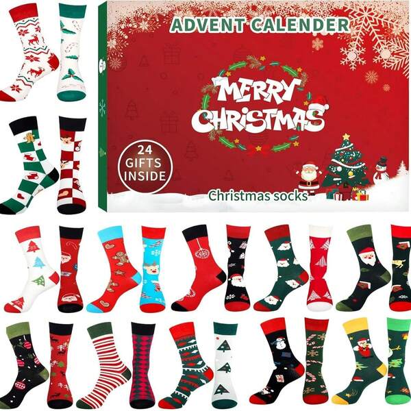 Conjunto de 12 pares de meias de Natal 2025 | Calendário de contagem regressiva para o Natal, Calendário do Advento, Meias em caixa com 24 dias de Natal, Decoração de casa com diferentes estampas natalinas, Decoração de quarto de inverno