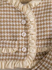 秋冬女宝宝优雅荷叶边卡其色千鸟格复古夹克和卡其色褶皱围裙法式连衣裙