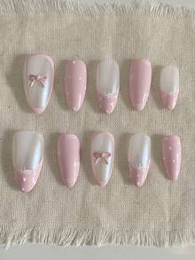 10 miếng dán móng tay họa tiết nơ 3D vẽ tay màu hồng nhạt dịu dàng, chấm bi dễ thương, phụ kiện làm móng, móng giả thủ công. - Hồng - Xem 8