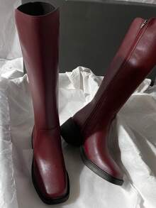 Fall/Winter 2025 New Leather Mid-Heel Over-The-Knee Riding Motorcycle Boots, Simple & Versatile High Shaft Boots For Women - Burgundy - View 5