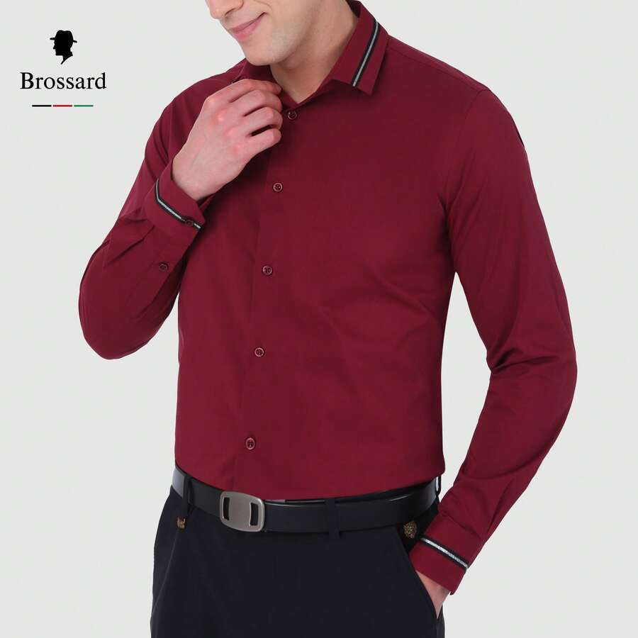 Men's Slim Fit Dress Shirt - Anti-Wrinkle, Anti-Wrinkle And Breathable Elegant Collar | Soft Touch | Machine Washable Comfortable For Work And Events - 酒紅色 - 查看 1