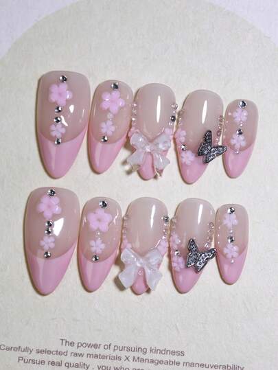 10pcs Set Almond Pink & Nude Color 100% Handmade Press On Nails 3D Tiny Flowers And Bow Knots Nail Charms Decoration French Style False Nails Reusable Fast Stick Long Lasting Fake Nails For Four Seasons DIY Nail Beauty
