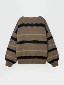 Sweater Pullover Longgar Bergaris Kasual Wanita dengan Bahu Jatuh - MultiWarna - View 7