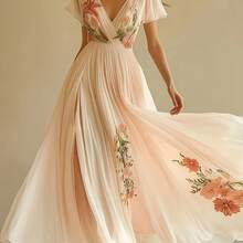 Women'S Elegant Floral Chiffon Dress - Long Flowy A-Line With Pleated Detail, V-Neck Summer Party & Wedding Dress For Adults, Lightweight & Breathable For Formal Events, Wedding Dresses For Bride, Event Attire, Sophisticated Style, Delicate Fabric