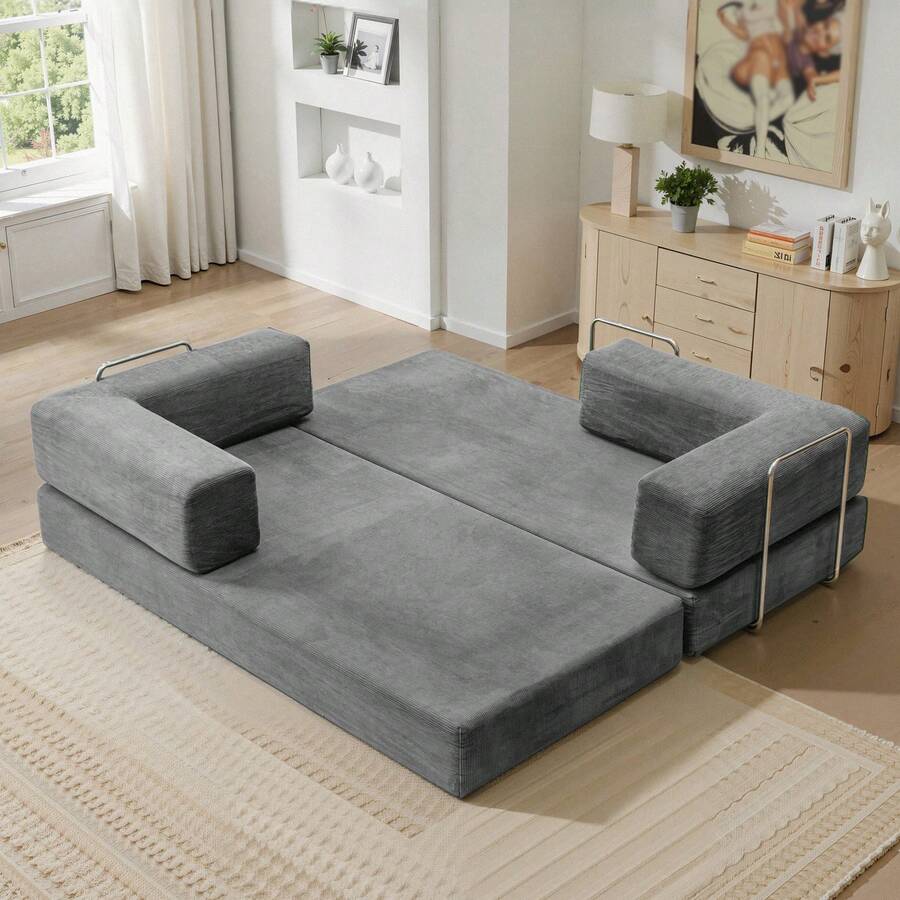 78.7" Foldable 3-Seater Fabric Sofa Bed With Square Armrests, Modular Compressible Living Room Sofa Set, Vintage Suede Comfortable Lounge Chair Sofa, Lazy Sofa (Bean Bag), And Bedroom Sleeper Sofa Bed - 淺灰色 - 查看 1