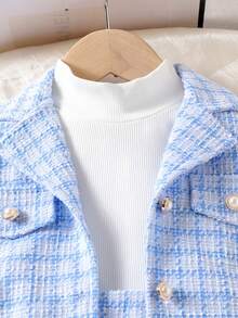3pcs Girls Elegant School Style Patterned Long Sleeve Jacket, Long Sleeve Top, Pleated Skirt Set, Spring/Autumn - Baby Blue - View 4