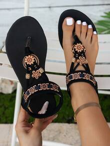 Women's Fashionable Bohemian Style, Rear Elastic Band, Slip-On Flip-Flops Flat Sandals, Outdoor Leisure Vacation Style Beach Shoes - màu đen - Xem 3