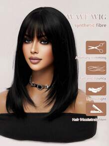 Elegant 16 Inch Black Medium Length Straight Bob Wig With Bangs - Heat Resistant Synthetic Hair, Medium Length Silky Straight Black Wig For Women Daily Wear Party Wigs, Cosplay Street Fashion Wigs - Black - View 7
