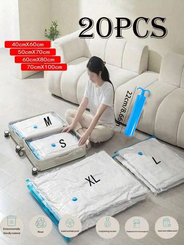 20/10/5pcs Set Portable Travel Storage Bags, Large Capacity Compression Bags, Reusable Vacuum Bags, Foldable Organizer Cubes, Printed Luggage Bags, Dust-Proof, Moisture-Proof, Moth-Proof, Space Saving, Suitable For Clothes, Blankets, Shirts, Bedding, Bedroom, Closet, Bathroom, Outdoor Gear, Home Organization, Back To School, Travel Essentials
