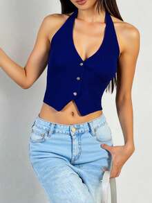 Chaleco top azul mujer escote halter botones moderno casual juvenil tejido con textura botones delanteros espalda al aire. - Azul rey - Ver 1