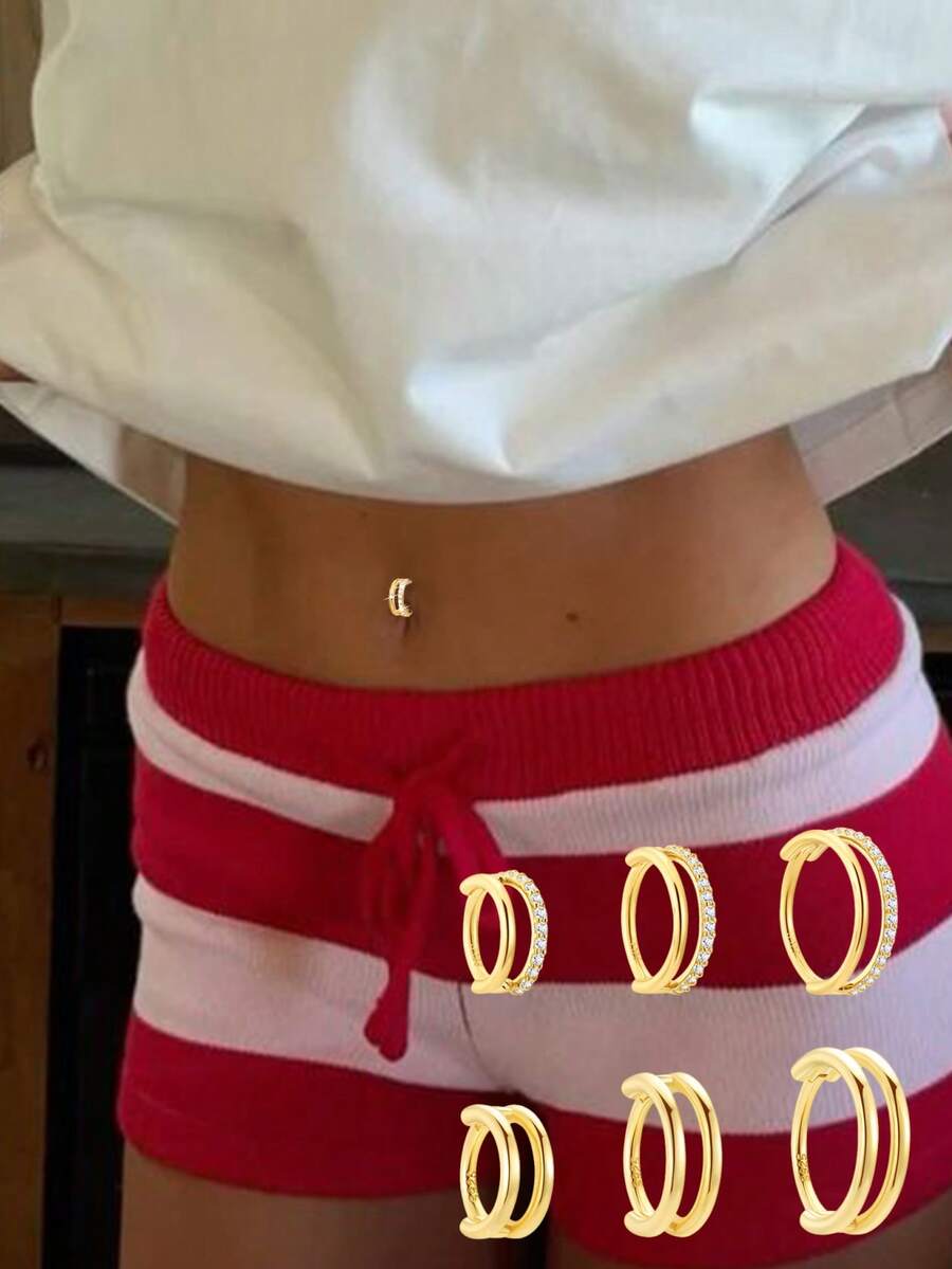 1 件装 S925 纯银简约双层亮面肚脐环，双排镶钻肚脐环，身体穿孔肚脐耳钉 - 肚臍環 - 查看 1