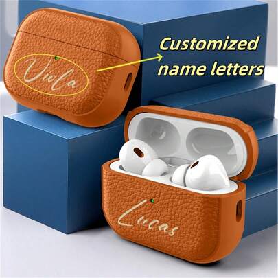 Capa de luxo personalizada com letras do alfabeto em couro TPU, compatível com iPhone 1, 2, 3, 4 e 2 Pro 3. Estojo para fones de ouvido em TPU com estampa de lichia, organizador de viagem, presente de aniversário, casamento ou outra ocasião especial.