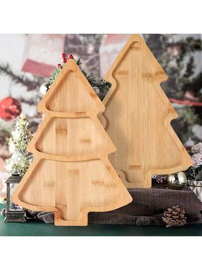 1pc Christmas Tree Wooden Tray, Available In 2 Styles: 3-Compartment 27.5*20cm And 1-Compartment 28*20cm, Home Christmas Decor, Christmas Kitchen Tabletop Decor, Christmas Decoration, 2024 New Christmas Dinnerware. Used For Serving Food, Snacks, Beverages, Sushi, Steak, Pizza, Desserts, Cakes And Breads, Breakfast Tray, Coffee Tray, Tea Tray, Charcuterie Board, Easy-Carry Recessed Handles, Household Kitchen Supplies. Christmas.